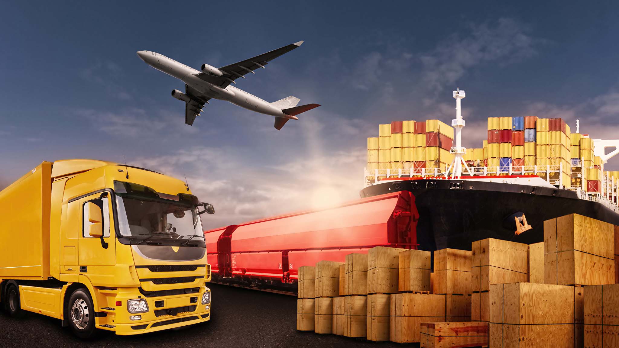 Cargo plane, container ship and trucks